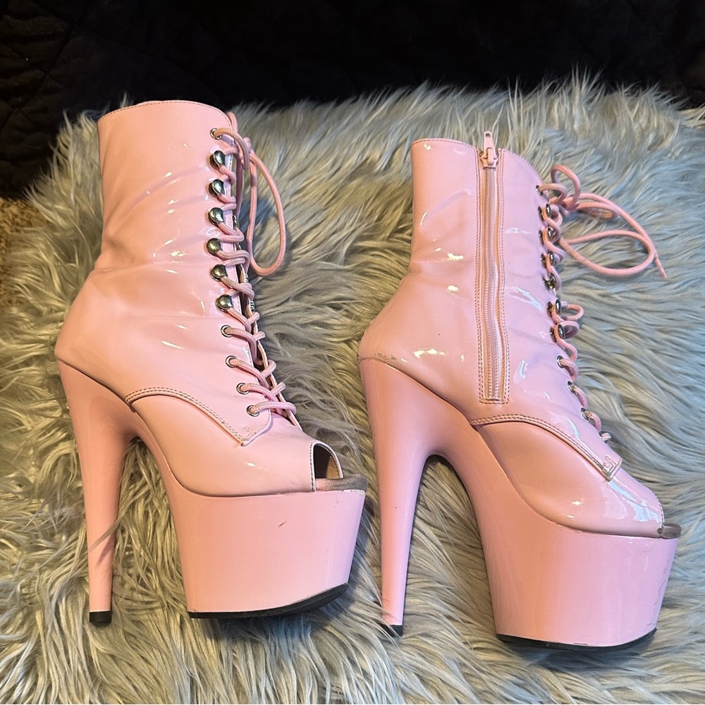 pink adore pleaser open toe patent pink boot heels size 6